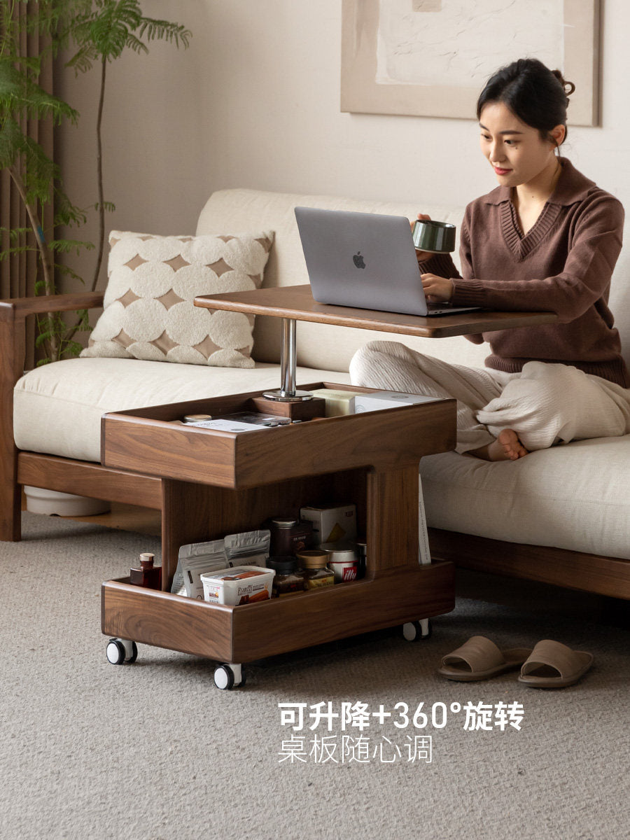 【预售20天】实木边几可升降旋转茶几黑胡桃木侧边桌客厅可移动小推车